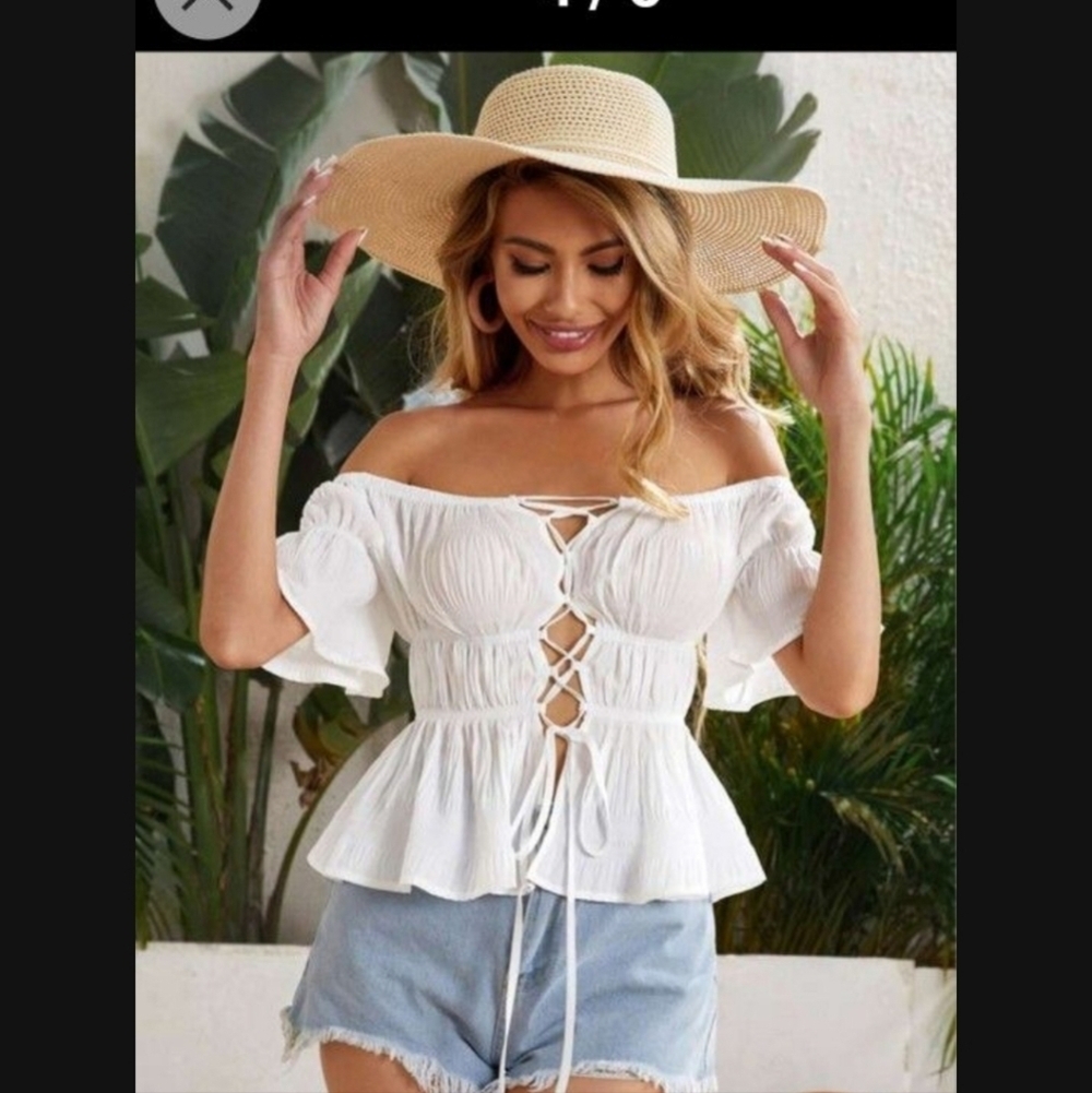 SHEIN White Off-Shoulder Lace-Up Blouse - Picture 4 of 6